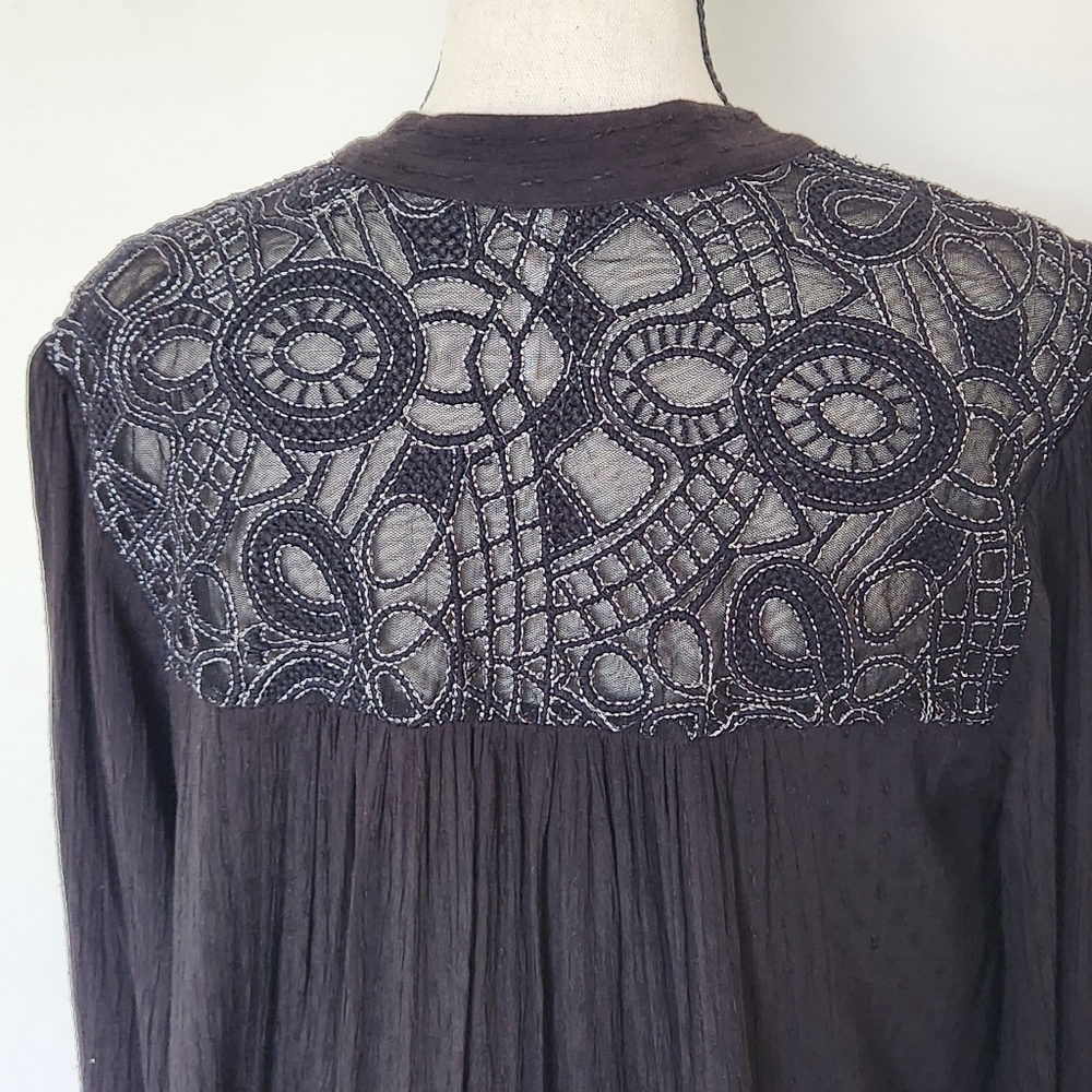 FREE PEOPLE Canyon Rose Embroidered Boho Hi Lo Blouse Black Whimsigoth Grunge XS - Picture 8 of 15